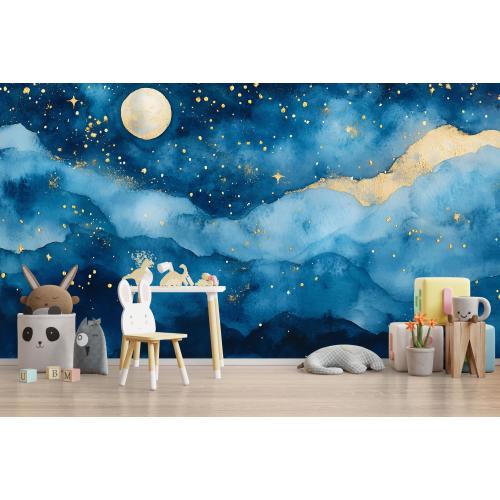 Elegant Moon And Stars Nursery Wallpaper – 3D Night Sky Wall Mural For Kids Room, Baby Crib Background, Gender Neutral Celestial