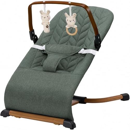 Portable Baby Bouncer, Bouncer Seat for Babies 0-12 Months, 3 Recline Positions, Foldable Baby Rocker Chair with Removable Wooden Bar, Green