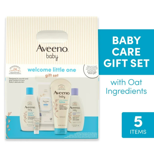 Aveeno Baby Welcome Little One Gift Set, Skincare Set with Nourishing Body Wash & Shampoo, Calming Bath Wash, All Over Wipes, Daily Moisturizing Lotion, & Balm, 5 Items