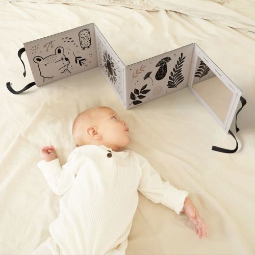 Soft Tummy Time Book with Baby-Safe Mirror - Black & White Montessori Toy with Crinkle & 20 High-Contrast Designs for Infant Development