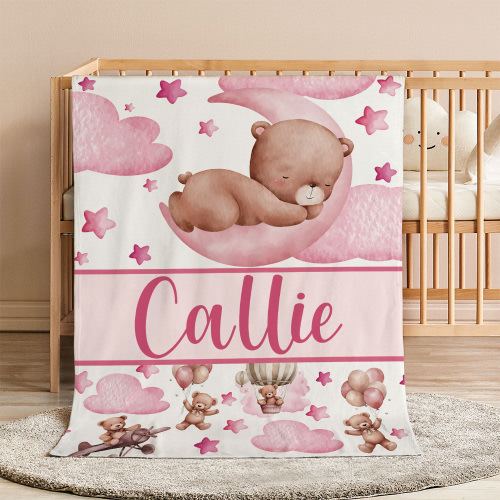 Personalized Sleeping Bear Cloud Moon Star Soft Throw Blanket with Name Home Decor Birthday Gift for Teenagers Kids - CALLIE