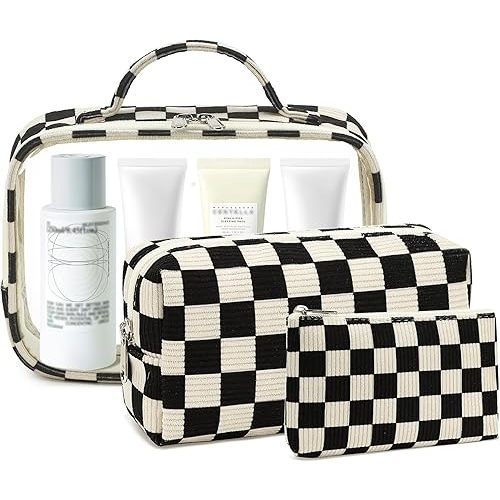 Bluboon 3Pcs Makeup Toiletry Bag for Women, Clear Packing Cubes Cosmetic Bag for Travel Women With Zipper Travel Essentials (Corduroy Black White Checkered)