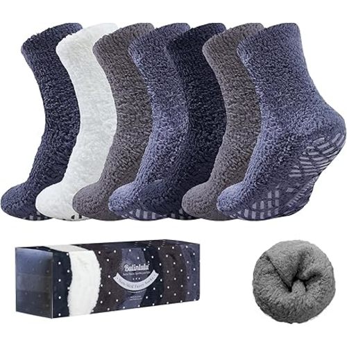 Bulinlulu Fuzzy Socks with Grips Plush Sleep Cozy Winter Soft Hospital Fluffy Socks Gifts for Womens Mens Gifts