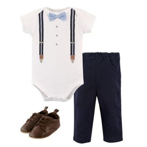 Little Treasure Baby Boys Cotton Bodysuit, Pant and Shoe 3pc Set, Suspenders Short-Sleeve, 3-6 Months