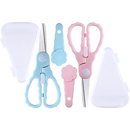 Baby Food Scissors Kicthen Shears -2-Pack Portable Healthy Cute Kids Scissors with Safety Lock and Storage Case - Ideal for Cutting Meat, Chicken, Vegetables, and Fruits (Pink&Bee Blue)