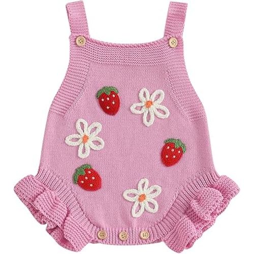 FYBITBO Baby Sweater Knit Romper Newborn Girl Strawberry Sweaters Onesie Overalls Fall Winter Clothes Summer Outfit