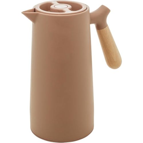 WOLFF - Thermal Coffee Carafe – 34oz/1L Insulated Food-Safe Plastic Exterior and Glass Liner, Wood-Style Handle – Keeps Drinks Hot or Cold for Hours, Coffee and Tea Dispenser - Nude Pink, 34floz/1L