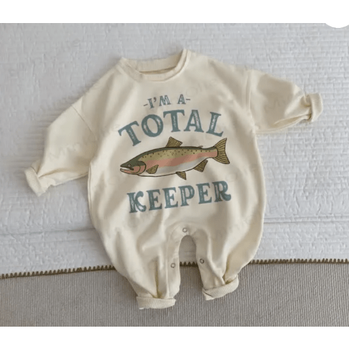 I'M A TOTAL KEEPER Baby Toddler Fish Beige Romper, Beige, 3-6m