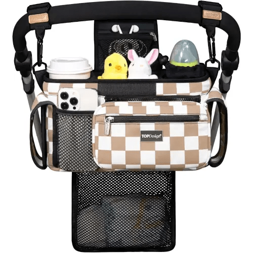 TOPDesign Universal Baby Stroller Organizer, Stroller Caddy with Detachable Mesh Bag & Heightened Insulated Cup Holders & Non-Slip Secure Hooks Accessories, Fits Most Strollers (Khaki Checkered)