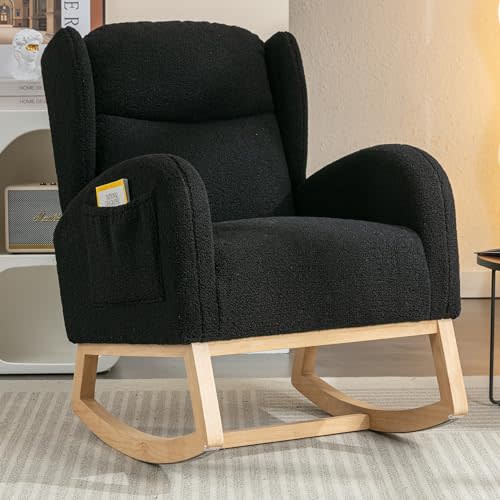 Setawix Teddy Rocking Glider Chair for Nursery,Upholstered Living Room Rocker Arm Chair,Leisure Sherpa Wingback Armchair,Mid Century Modern Rocking Accent Chair with Side Pockets (Wingback Black)