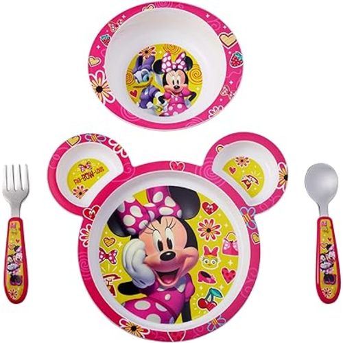 The First Years Disney Minnie Mouse Dinnerware Set - Toddler Plates and Toddler Utensils- 4 Piece Set