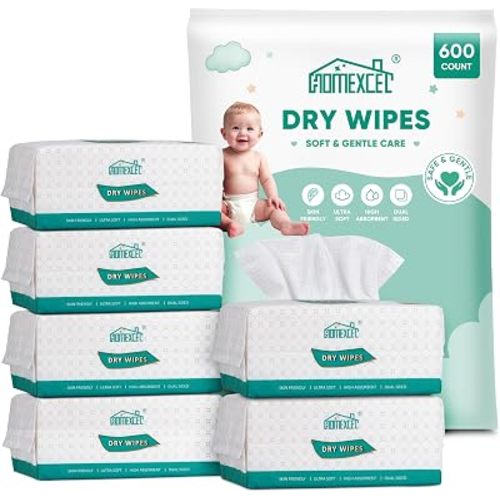 HOMEXCEL Baby Dry Wipes 600 Count, Soft Multi-Purpose Wipes, Use Dry or Add Water for Wet Wipes, Gently Cleans Head to Toe for Baby