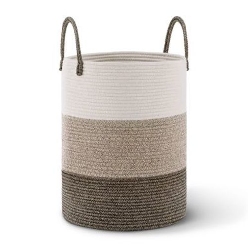 Cheer Collection Large Cotton Rope Laundry Hamper with Handles – Tall Woven Basket for Clothes, Toys, Blankets - 3 Tone Tan