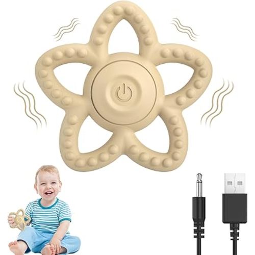 Vibrating Sensory Chew Toy for Autism & Teething Babies - USB Rechargeable with 3 Vibration Modes, Baby Teething Toys for Toddlers 6-18 Months, Calming Baby Sensory Toys(Beige)