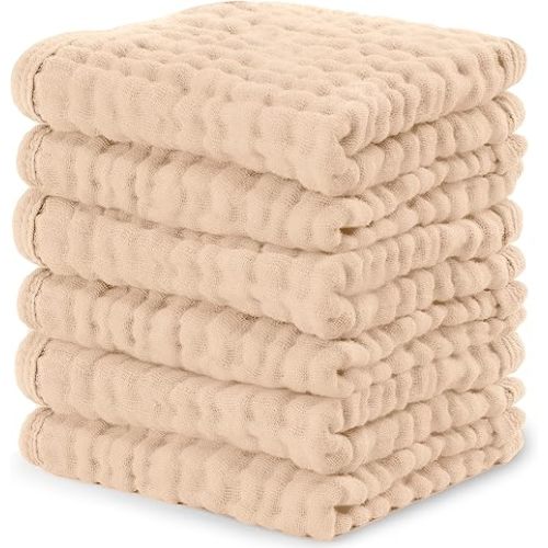 Comfy Cubs Muslin Baby Washcloths 6 Pack - Soft 6-Layer Cotton Wash Cloths for Sensitive Skin - 10"x10" Large, Gentle, Absorbent Infant Essentials for Newborn and Toddlers - Cream