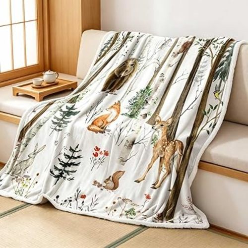 Woodland Animal Throw Blanket, Watercolor Forest Deer Fox Bear Print Soft Farmhouse Rustic Cabin Flannel Blanket, Cozy Lightweight Blanket for RV, Camping, Couch, Bed, Nursery, Kids Room, 50X60inch