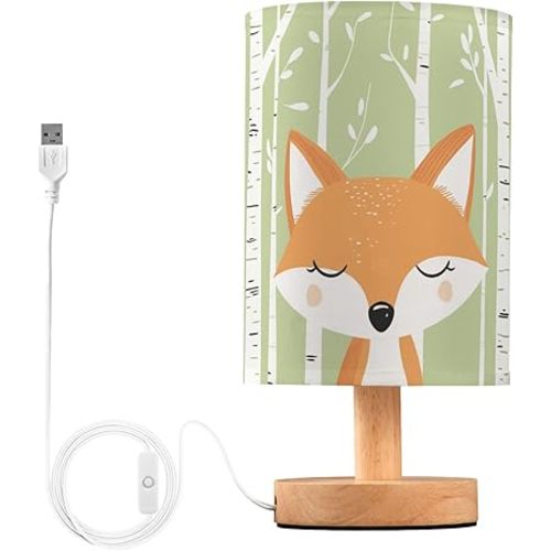 Cute Fox Forest Cartoon Woodland Animal Bedside Table Lamps with USB Port for Bedroom LampSmall Nightstand Lamp Sturdy Linen Shade Wooden Base Decorative Lamps for Nursery Kids Reading Dorm Home
