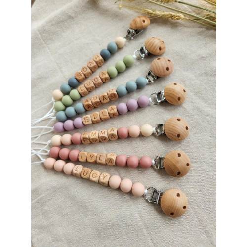 Personalized Pacifier Clip and Rattle set|Custom Baby shower Gift|Pastel Babygirl Binky Holder|Wooden Babyboy Dummy Chain|Newborn Gift