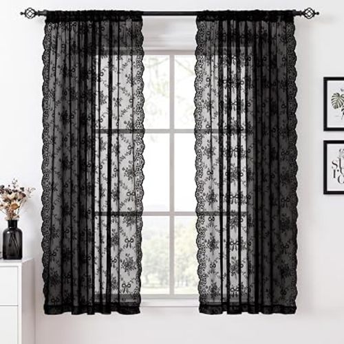 PONY DANCE Black Sheer Lace Curtains 63 Inches Long, 2 Panels, 52W x 63L