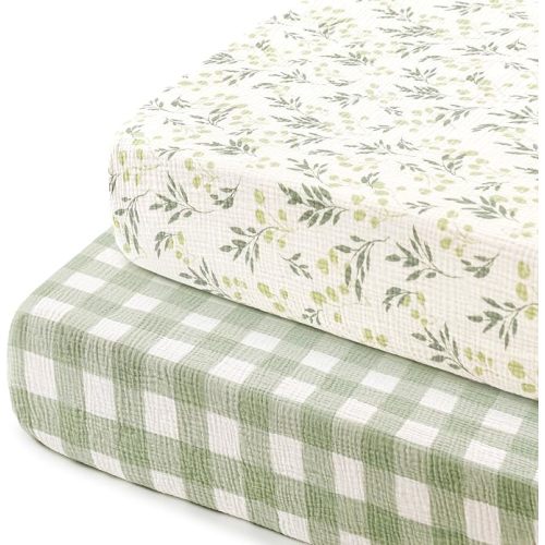 100% Cotton Muslin Crib Sheet 2 Pack - Breathable & Ultra-Soft Fitted Crib Sheets for Standard Baby & Toddler Mattresses, 52"x28" with 9" Deep Pocket, Snug Fit All-Around Elastic