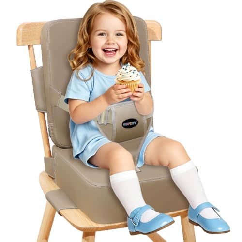 Toddler Booster Seat for Dining Table, Kitchen Chair Booster Cushion | 2-in-1 Non-Slip Booster Seat with Backrest and 3 Piont Harness, Wipable Portable PU Travel Baby Booster Cushion, Dark Coffee