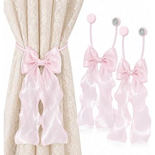 2PCS Strong Magnetic Pink Bow Curtain Tiebacks, Coqueta Lace Ribbon Curtain Holdbacks, Adjustable Drapery Clips for Home Decor, for Bedroom, Living Room, for Window，Wedding，Party