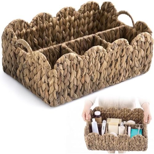 Acellegic Wicker Divided Basket, 4 Compartments, Natural, Water Hyacinth