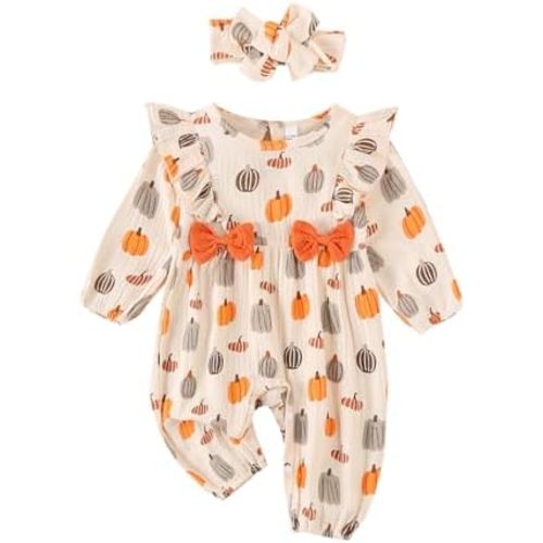 Nicoxijia Newborn Baby Girl Halloween Outfit Ruffle Long Sleeve Bowknot Pumpkin Romper Jumpsuit Headband Cotton Linen Clothes