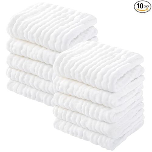 Yoofoss Muslin Baby Washcloths 100% Organic Cotton Face Towels 10 Pack Wash Cloths for Baby 12x12in Soft and Absorbent Baby Wipes (White)
