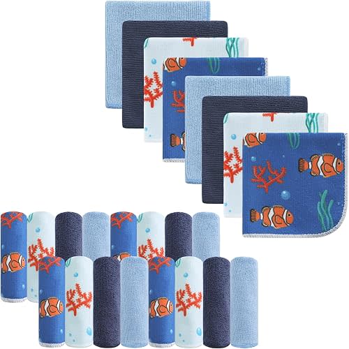 Baby Washcloths, 24Pack Baby Wash Cloths Extra Soft & Ultra Absorbent, Baby Towels and Washcloths Face Towels for Unisex Boys Girls Body, Washclothes Gentle on Sensitive Skin, 9x9 Fish