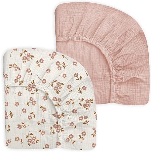 Mini Crib Sheets for Baby Boy Girl 2 Pack, Neutral Mini Crib Mattress Sheet 24" x 38", Muslin Nursery Bedding Soft and Breathable Comfort (Floral & Pink)