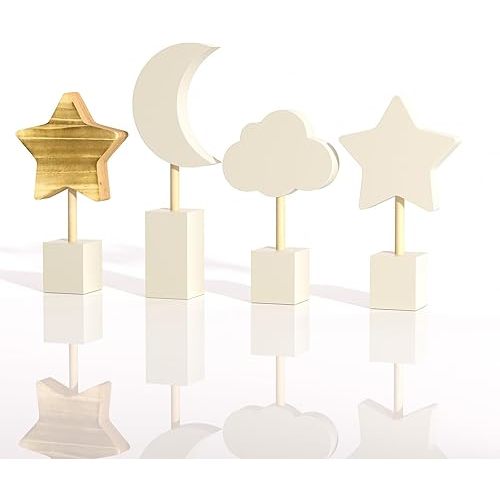 4 Pcs Wooden Moon and Stars Nursery Decor Boho Sky Cloud Nursery Shelf Decor Cute Children Baby Kids Wall Decor for Nurseries Bedroom Kindergarten Classroom Playroom Boys Girls