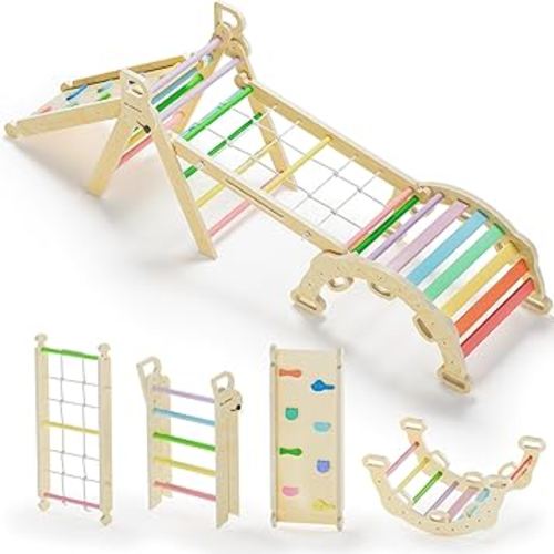 BlueWood 2024 8-in-1 Pikler Triangle Climbing Set Toddler Toys Indoor Baby Jungle Gym Climber Playground for Kids - Rainbow
