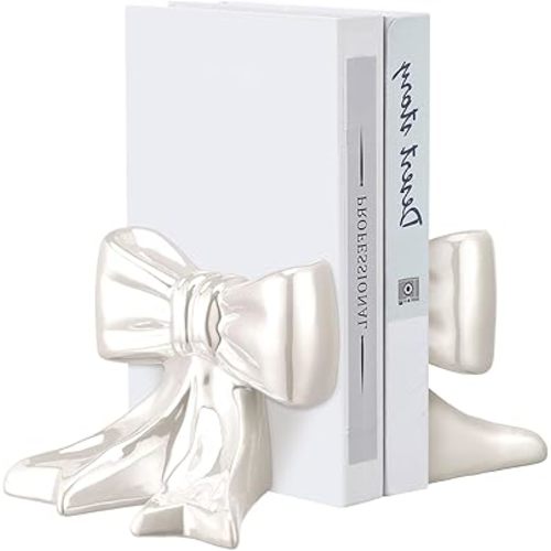 Leinuosen 2 Pcs White Bow Bookends Ceramic Cute Book Ends Decorative Book Stand Bow Sculpture Statues Tabletop Shelf Ornament Room Decor for Home Office School Dorm Girl Desk