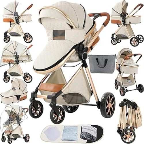 MoLi 2 in 1 Baby Bassinet Stroller, Convertible Foldable Standard Stroller, Reversible Pushchair Infant Buggy Carriage, Portable High Landscape Pram for Toddler Newborn, Aluminum Alloy (2USV9-WHITE)