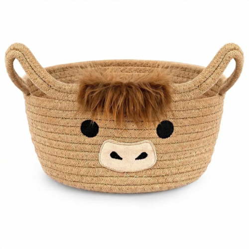 Highland Cow Baby Basket – Woven Cotton Storage Bin for Nursery Decor, Baby Shower Gifts & Holiday Organizing, Adorable Khaki Basket with Embroidered Details & Ear Handles, 10.7"D x 6.7"H