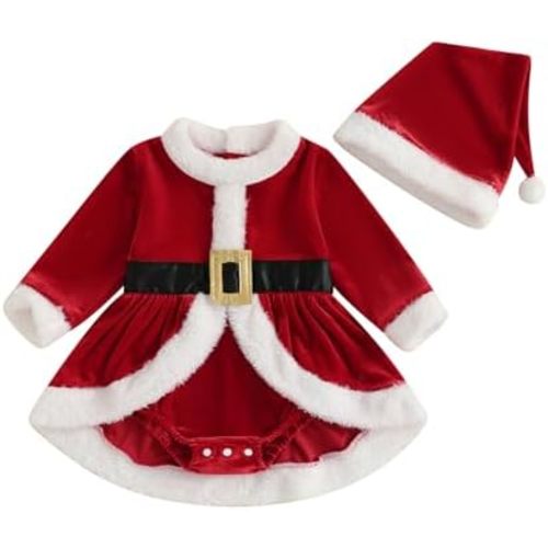 Infant Baby Girl Christmas Outfit Plush Long Sleeve Romper Dress Newborn 0 3 6 12 18 Months Girls Santa Hat Set