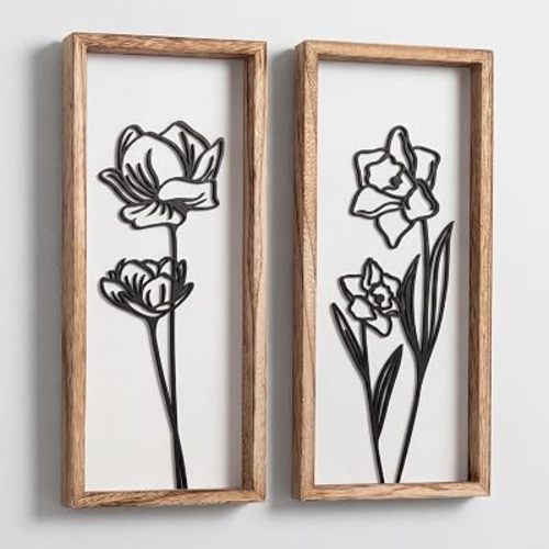 3D Black and White Wall Art (Set of 2) Lightweight, Wooden Ready-to-Hang Framed Floral Wall Art for Bathroom, Bedroom, Living Room or Office – Boho Botanical Farmhouse Decor – Gift-Boxed