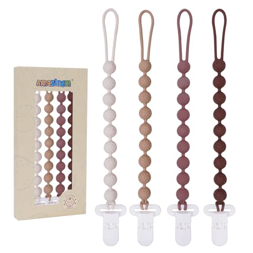 One Piece Design Silicone Pacifier Clip Holder,Pack of 4 Flexible Paci Leash,Binky Clips with Textures for Baby Boys and Girls,Newborn Essential (Brown)