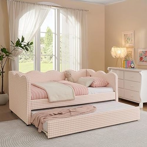Twin Size Upholstered Daybed, Extendable Linen Sofa Bed with USB Charging Port and Adorable Wave Shaped, Cozy Gingham Bed Frame for Living Room Bedroom, No Box Spring Required, Pink
