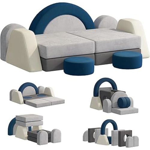 12 PCS Modular Kids Play Block Couch Child Sectional Soft Sofa Toddler Building Fortplay Climbing Bedroom Playroom Baby Convertible Floor Foam Cushion for Boys & Girls (Blue+Grey+Beige)