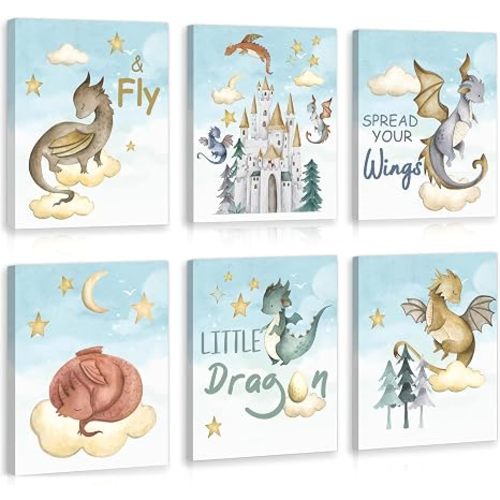 CHDITB Dragon Canvas Wall Art Nursery Wall Decor, Set of 6(8x10 inch) Cute Dream Dinosaur Cub Framed Art Prints, Baby Dinosaurs Cartoon Castle Animals Poster For Children's Boy Kids Room Bedroom