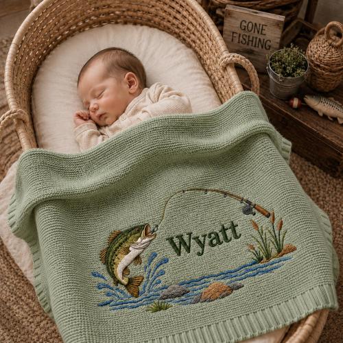 Personalized Trout Fishing Embroidered Knit Baby Blanket, Outdoor Fishing Rod Throw, Fishing River Bass Nursery Keepsake, Baby Shower Gift