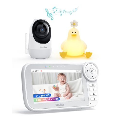 Madaz No WiFi Baby Monitor with Color Night Vision, 5" HD Display,1080P Pan Tilt Zoom Camera, Lullabies, Temperature Sensor, 2-Way Talk, 1000ft Range + Duck Night Light