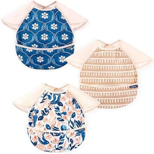 GRSSDER Soft Lightweight Waterproof Baby Feeding Bibs with Food Catcher Pocket, Adjustable and Easy Clean Wipe Off Toddler Bibs 3 Packs for 6-36 Months