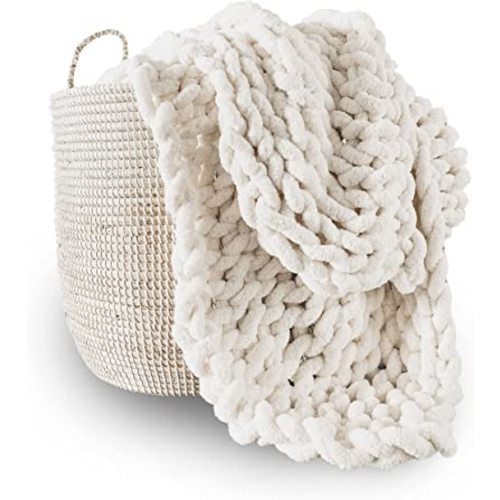 Adyrescia Chunky Knit Blanket Throw | 100% Hand Knit with Jumbo Chenille Yarn (30"x40", Cream White)