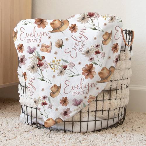 Custom Cowgirl Hat Swaddle, Wildflowers Baby Name Blanket, Personalized Girl Floral Swaddle, New Mom Gift, Newborn Gift, Baby Shower Gift