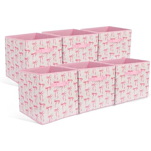 6 Pcs Pink Bow Cube Storage Bins 12.5 Inch Pink Storage Basket with Handle, Preppy Girls Organizer Basket, Collapsible Fabric Box for Classroom Bedrooms Office Home Decoration (Bow)