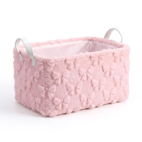 Kathfly 1 Pcs Bow Foldable Storage Baskets Pink Bow Plush Faux Fur Jacquard | Waterproof Laundry Bins with Handles for Closet Organizing, Soft Fabric Shelf Organizers, Collapsible for Bedroom