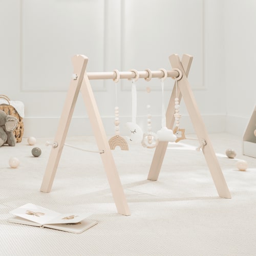 Comfy Cubs Baby Play Gym Set, Wooden Hanging Bar with Gym Toys, Foldable for Infants, Blush